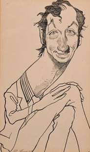 David Levine (1926 - 2009), Bill Bradley, pen and ink,: David Levine (1926 - 2009), Bill Bradley, pen and ink, signed D. Levine, 73, Gallery Fifty-two, New Jersey label verso, 6 1/2" x 10 1/2".