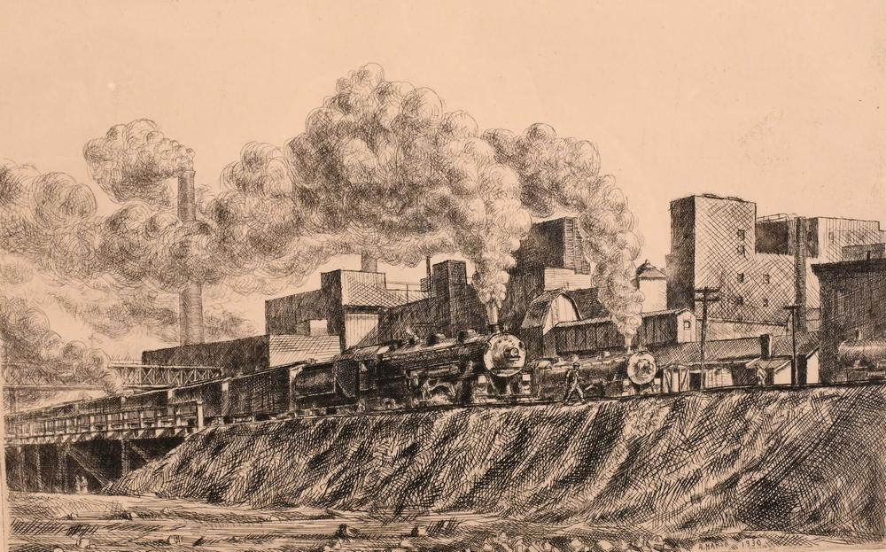 Reginald Marsh (American, 1898 - 1954), Erie R.R. and: Reginald Marsh (American, 1898 - 1954), Erie R.R. and Factories, 1930, etching, engraving and drypoint, signed and numbered 31 in pencil, sixth state of six, edition of approximately 50, 7 7/8" x 12",