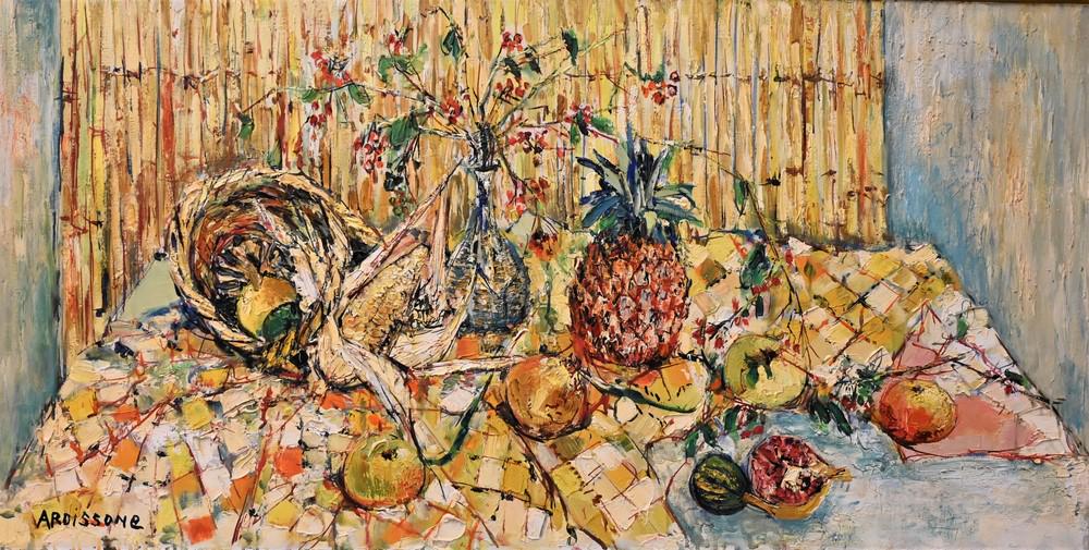 Yolande Ardissone, (French, b. 1927), still life with: Yolande Ardissone, (French, b. 1927), still life with corn and pineapples, oil on canvas, signed lower right Ardissone, 24" x 47 1/4".