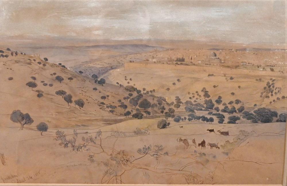 Edward Lear (1812 - 1888), Jerusalem, April 24, 1858,: Edward Lear (1812 - 1888), Jerusalem, April 24, 1858, watercolor and pencil on paper, sketch with writing or notes, sight size 13" x 19 1/2", sheet size 14 1/8" x 20 1/8". Pitt and Scott London, Ltd.