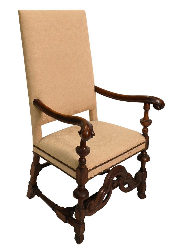 William and Mary Armchair, having upholstered back and: William and Mary Armchair, having upholstered back and seat on urn carved and turned legs ending in Spanish feet, with turned stretchers, and hand written paper, attributed to Adam Bonnet 1660 - 1714,
