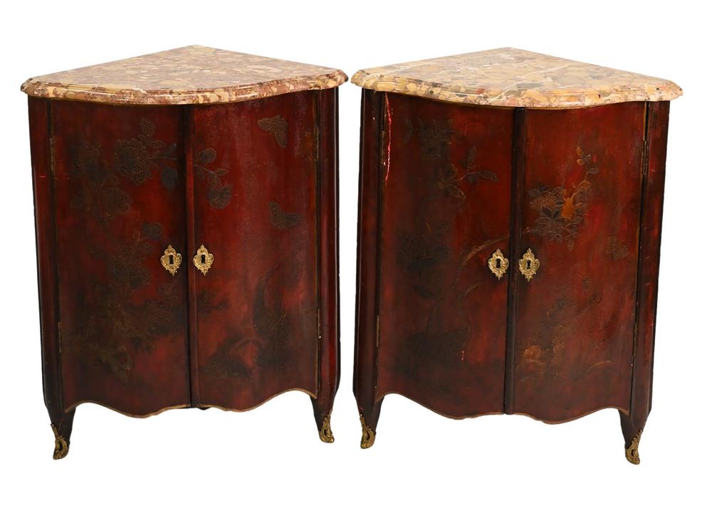 Pair of Louis XV Style Marble Top Corner Cabinets, (1 of 7)