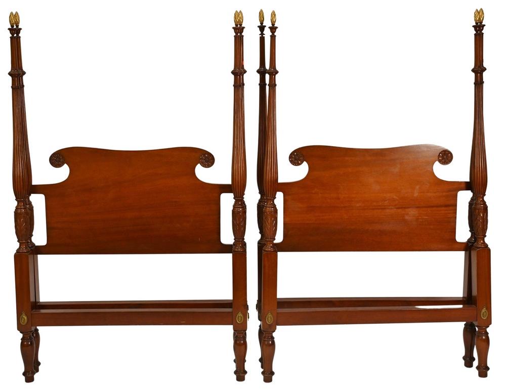 Pair Custom Mahogany Four Post Twin Beds, having gilt (1 of 5)