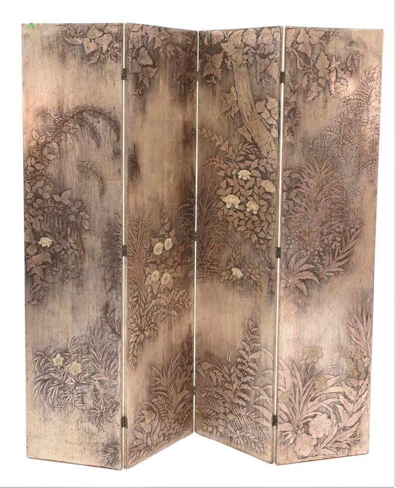 Max Kuehne (1880 - 1968), four panel screen, carved: Max Kuehne (1880 - 1968), four panel screen, carved silver leaf lacquered wood of blossoming flowers and trees, signed on bottom of right panel "Max Kuehne", height 73 1/4 inches, width 68 inches.