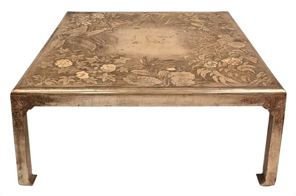Max Kuehne (1880 - 1968), square coffee table, carved: Max Kuehne (1880 - 1968), square coffee table, carved and silver leaf lacquered wood, height 16 3/4 inches, top 39" x 39".