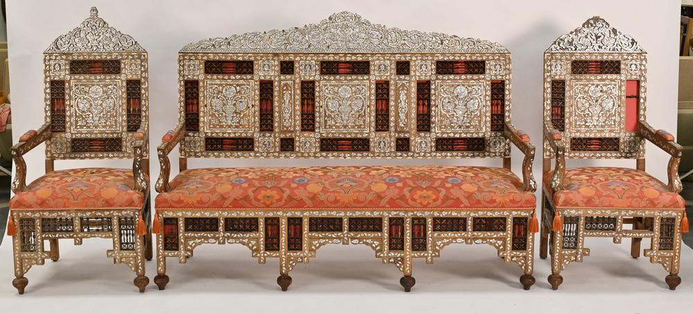 Mother of Pearl and Bone Inlaid Three Piece Set, to: Mother of Pearl and Bone Inlaid Three Piece Set, to include settee along with two arm chairs, chair height 49 inches, settee length 67 inches, (one panel of turnings missing on one chair).