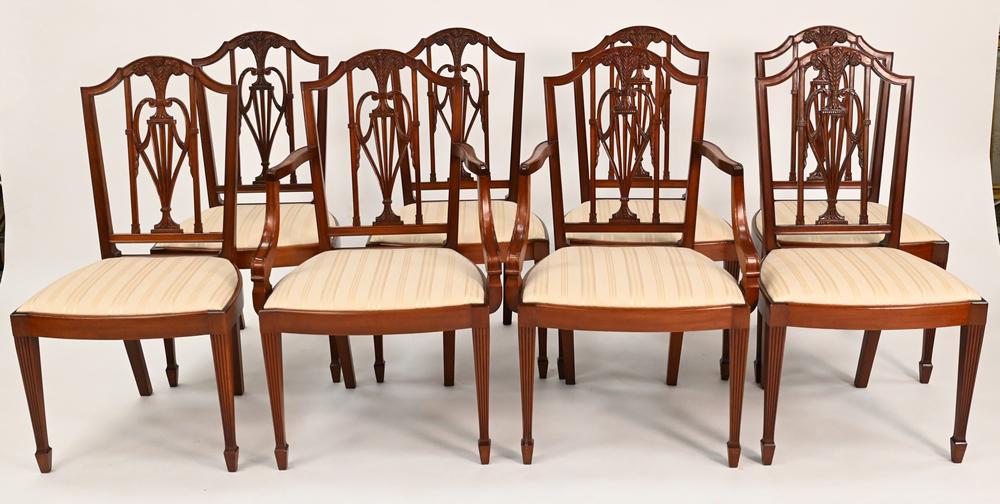 Set of Eight Margolis Federal Style Dining Chairs, to: Set of Eight Margolis Federal Style Dining Chairs, to include six side, two arm, all having plume carved and pierced backs, slip seats on square tapered and fluted legs, signed with brand mark, height