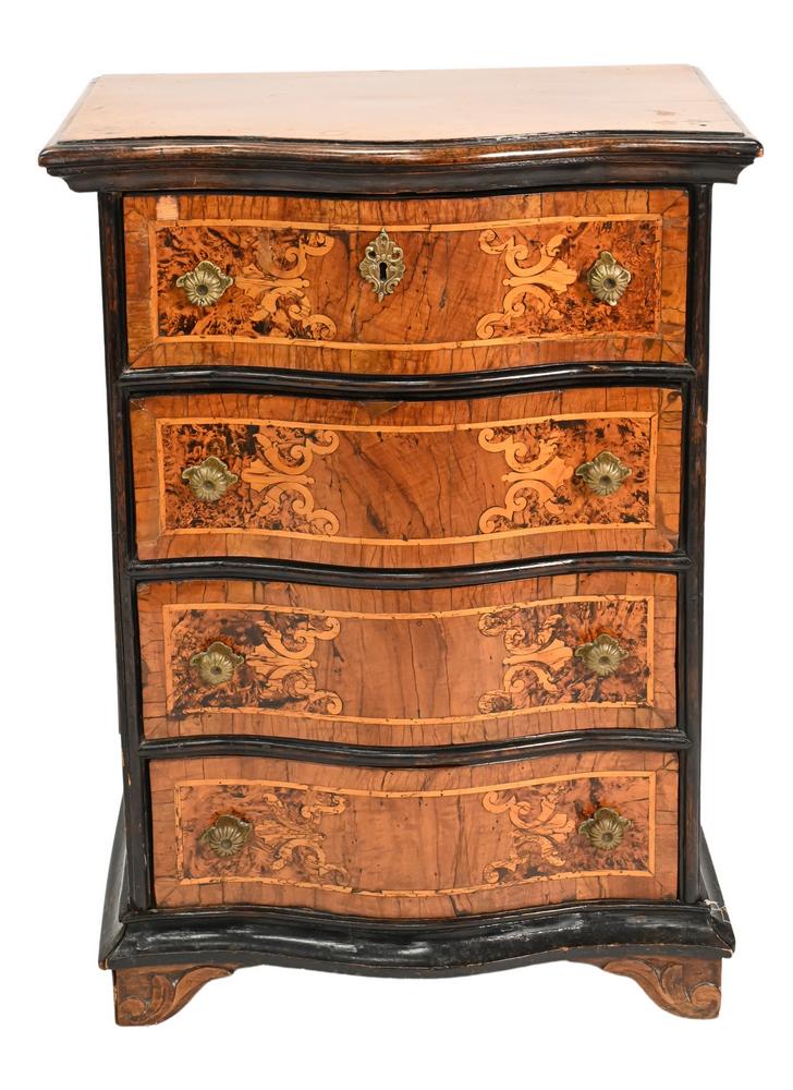 German Inlaid Walnut Prayer Cabinet, having four: German Inlaid Walnut Prayer Cabinet, having four drawers, height 33 inches, width 23 3/4 inches.