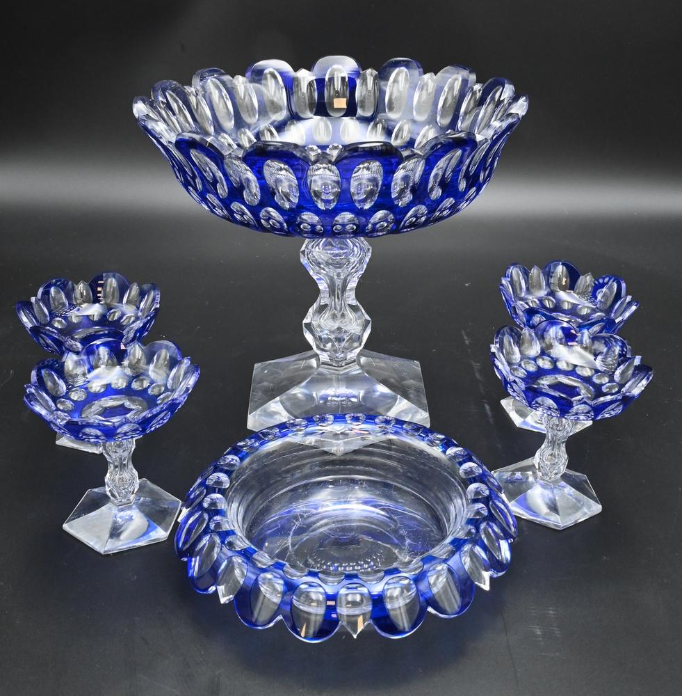 Six Piece Sandwich Glass Lot, cobalt cut to clear, to (1 of 7)