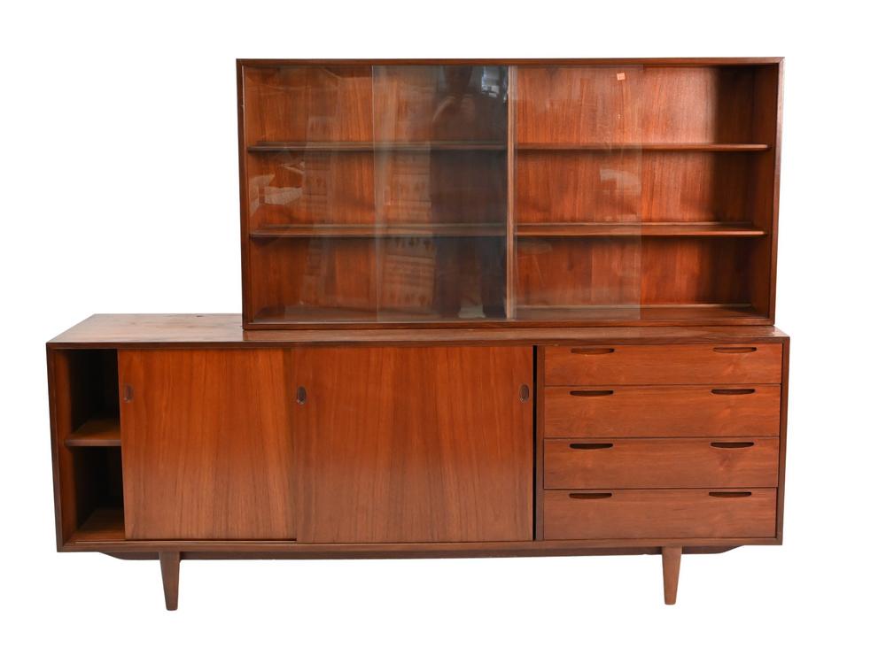 Kofod Larsen Teak Credenza with display cabinet having: Kofod Larsen Teak Credenza with display cabinet having import tag Selig, 60" x 79" x 18".