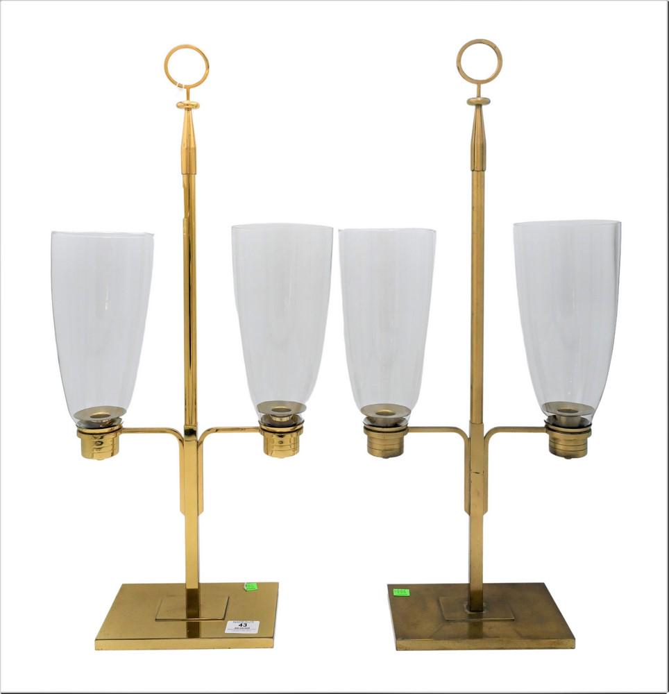 Pair of Brass Candelabras, with glass hurricane shades, (1 of 4)