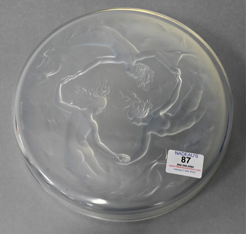 Large Sabino Art Deco Covered Dish, frosted glass top: Large Sabino Art Deco Covered Dish, frosted glass top with three nude mermaids, diameter 10 inches.