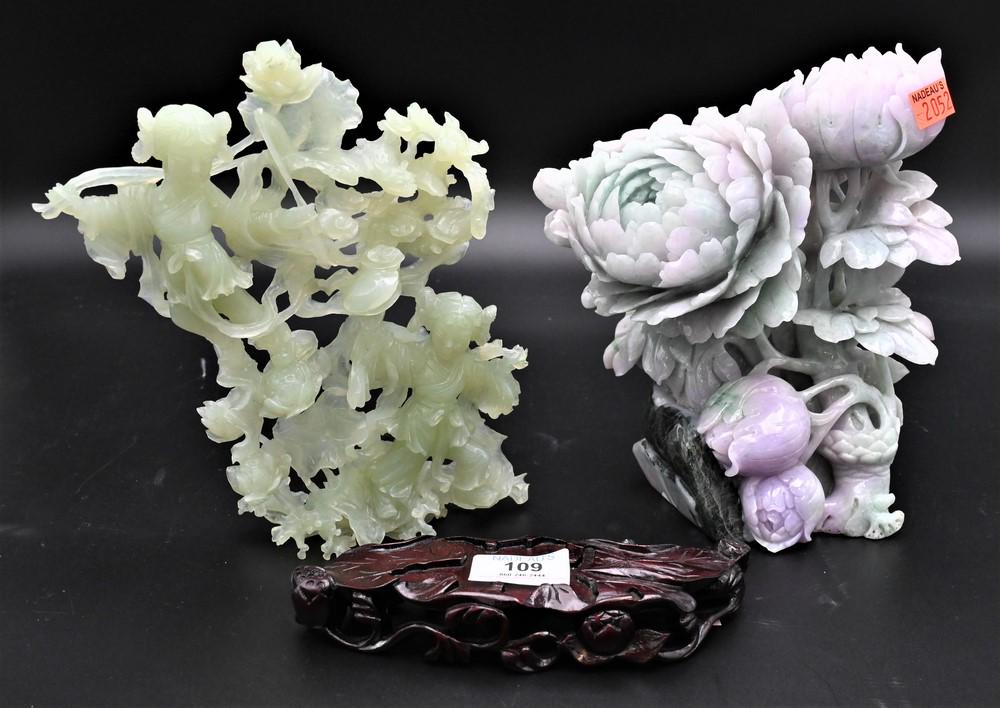 Two Carved Stone Chinese Pieces, jadeite lotus group (1 of 5)