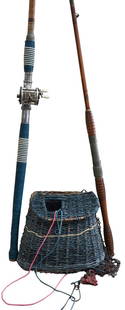 Christian Holstad, Fishing Basket, 2008, antique: Christian Holstad, Fishing Basket, 2008, antique fishing rod and reel, vintage steel stringer, leather case, vintage basket parts, plastic, nylon, dynamite wick, dimensions variable. Provenance: Prope