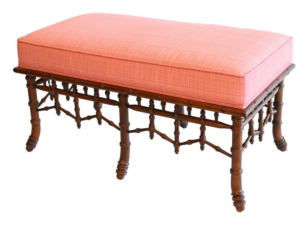 Bench with pink upholstered top over bamboo style base (1 of 4)