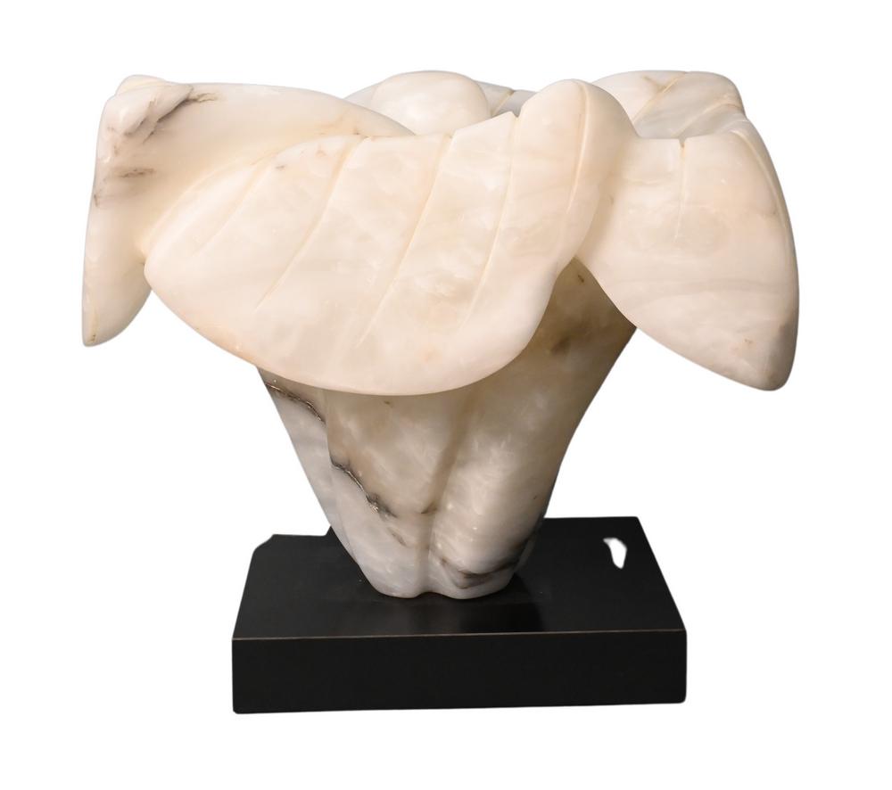Helene Simone (20th century), marble sculpture of a: Helene Simone (20th century), marble sculpture of a flower on a swivel base, signed and dated near base H. Simone 77â€™, height 13 inches width 16 inches.