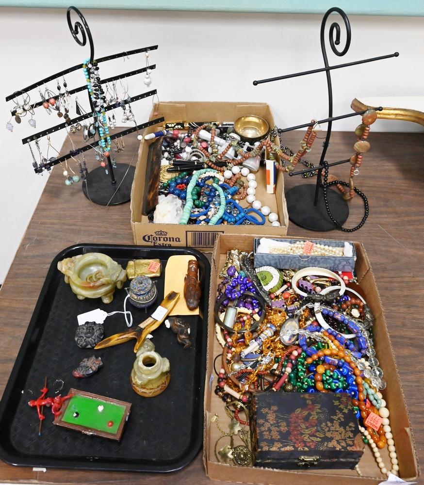 Three Tray Lots of Costume Jewelry, to include: Three Tray Lots of Costume Jewelry, to include malachite beads, hardstone urn, enameled silver pot, netsuke, etc.