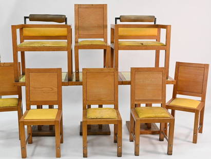 Eleven Piece Jacqueline Morabito Lot, to include three: Eleven Piece Jacqueline Morabito Lot, to include three tables with glass inserts, six side chairs, two armchairs, architect Yves Bayard, height 29 inches, top 25 1/2" x 25 1/2".