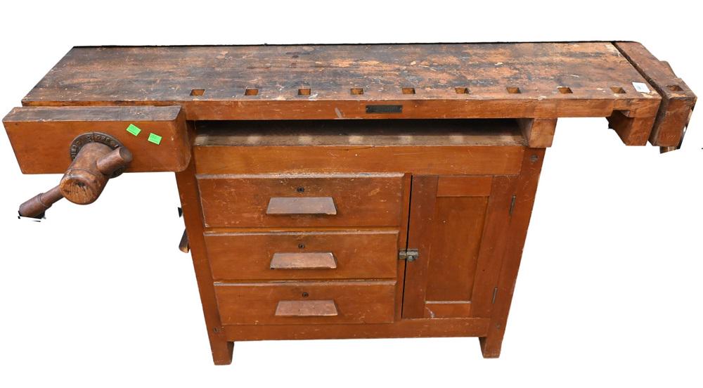 Woodworkers Workbench, marked Christiansen Chicago IL, (1 of 4)
