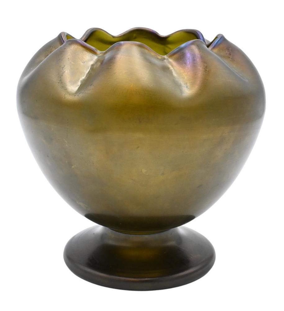 Iridescent Art Glass Vase, having ruffle edge, not: Iridescent Art Glass Vase, having ruffle edge, not marked, height 8 inches.