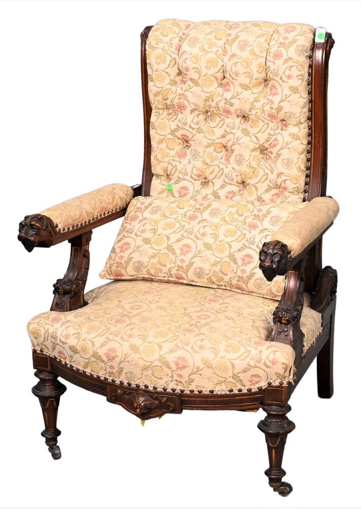 Renaissance Revival Victorian Walnut Reclining Chair, (1 of 5)