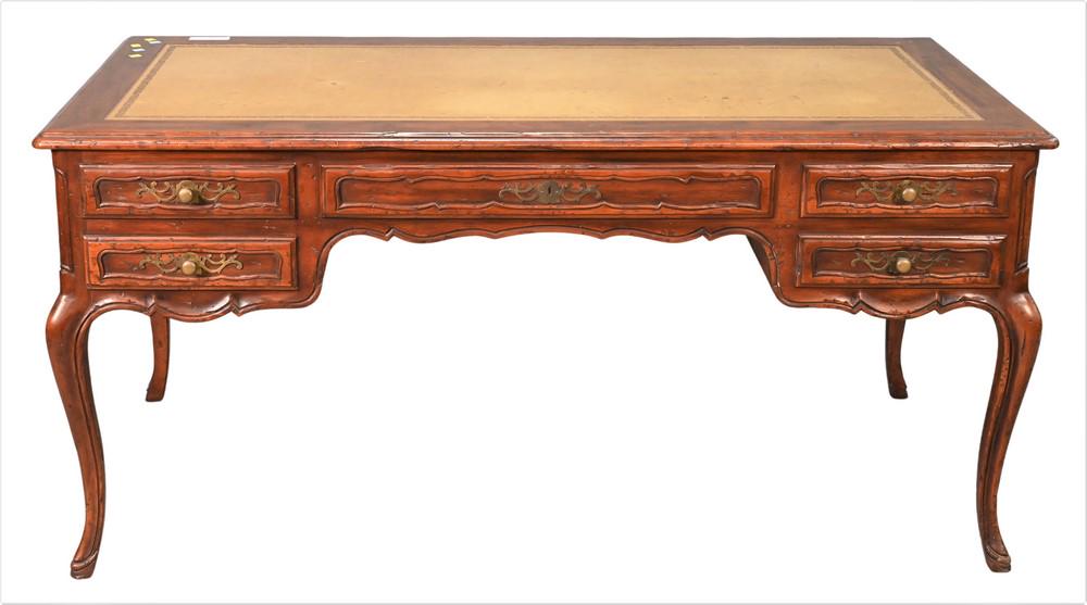 Louis XV Style Fruitwood Desk, having inset leather top: Louis XV Style Fruitwood Desk, having inset leather top, five drawers on one side, and five faux drawers on the opposite side, height 30 inches, top 30 1/2" x 62 1/2".