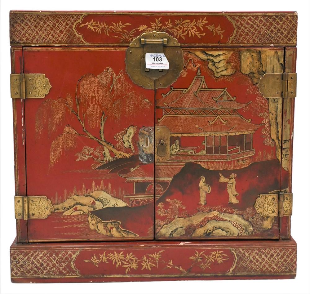 Chinese Red Lacquered Cabinet, parcel gilt and painted (1 of 5)