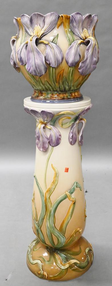 Large Majolica Jardiniere on Stand, having molded iris (1 of 4)