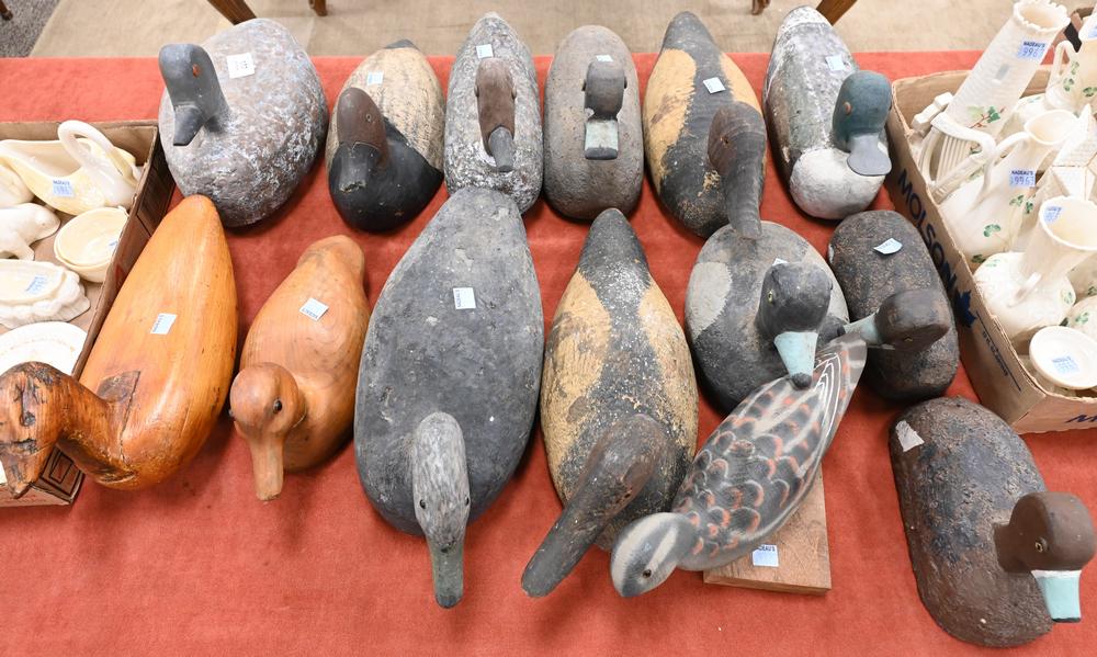 Group of 14 Duck Decoys, to include carved wood, (1 of 6)