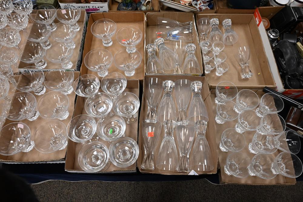 Set of 52 Crystal Stems and Glasses, to include 16: Set of 52 Crystal Stems and Glasses, to include 16 large, 14 champagne, 12 short wine, 6 cordials, 4 small champagne, all marked with the letter P on the bottom.