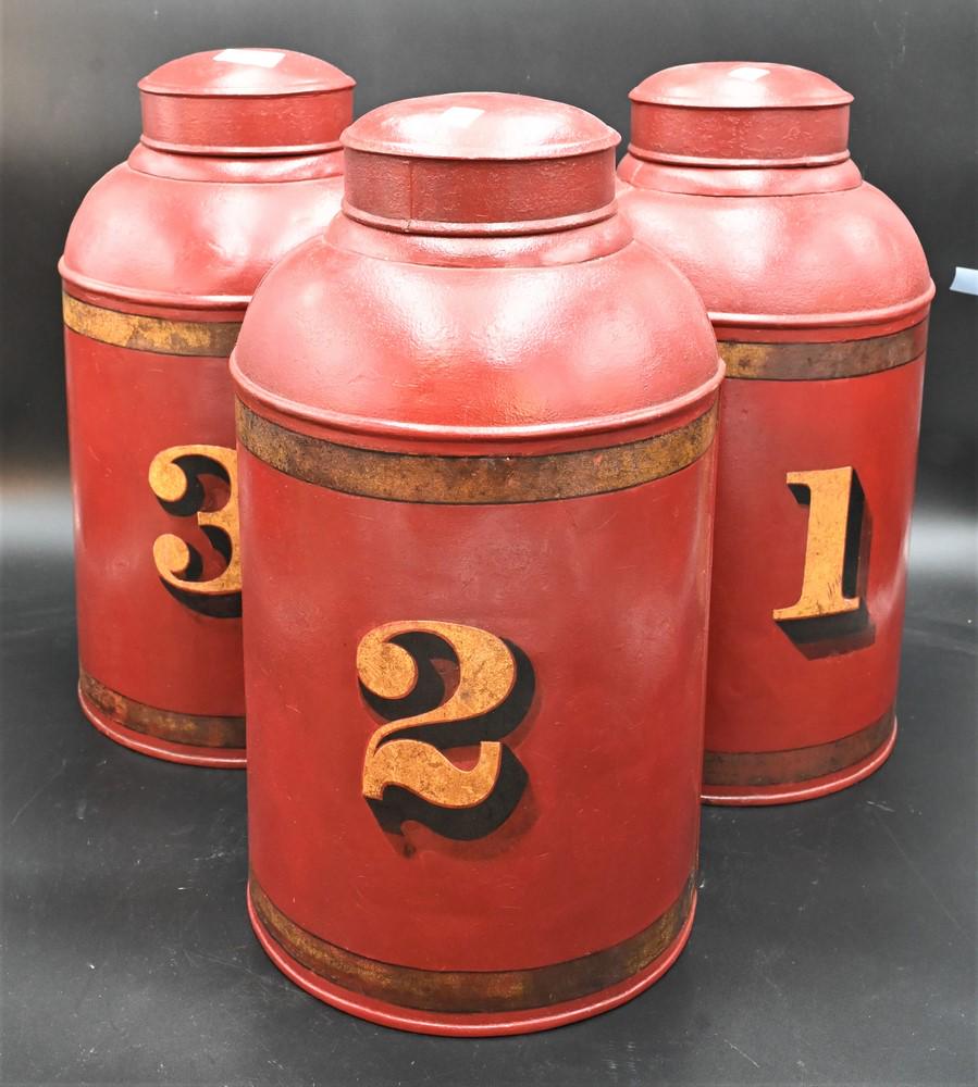 Set of 3 Red Told Tea Canisters, height 17 inches.: Set of 3 Red Told Tea Canisters, height 17 inches.