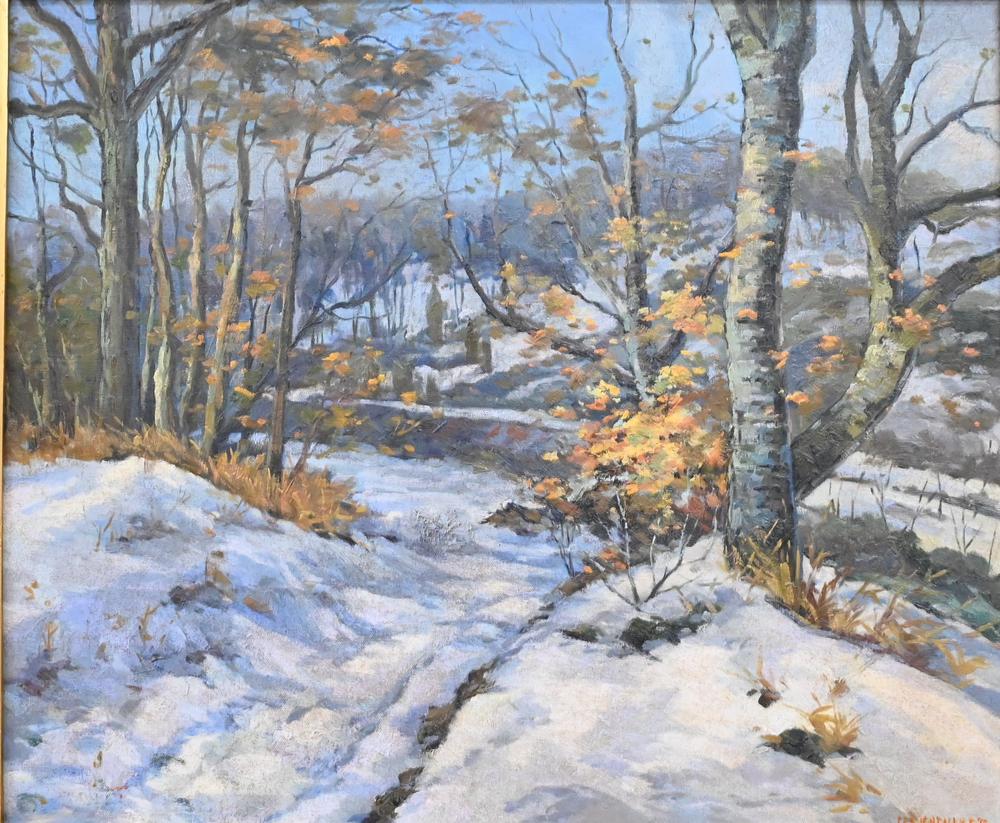 Walter Koeniger (1881 - 1943), snowscape with birch: Walter Koeniger (1881 - 1943), snowscape with birch trees, oil on masonite, signed lower right W.Koeniger, 20" x 24".