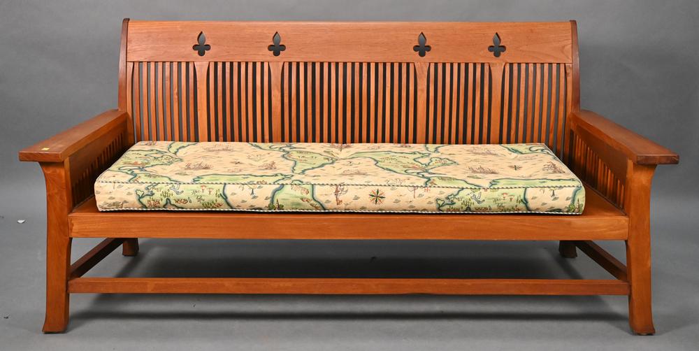 Mission Style Teak Bench, having upholstered seat (1 of 3)