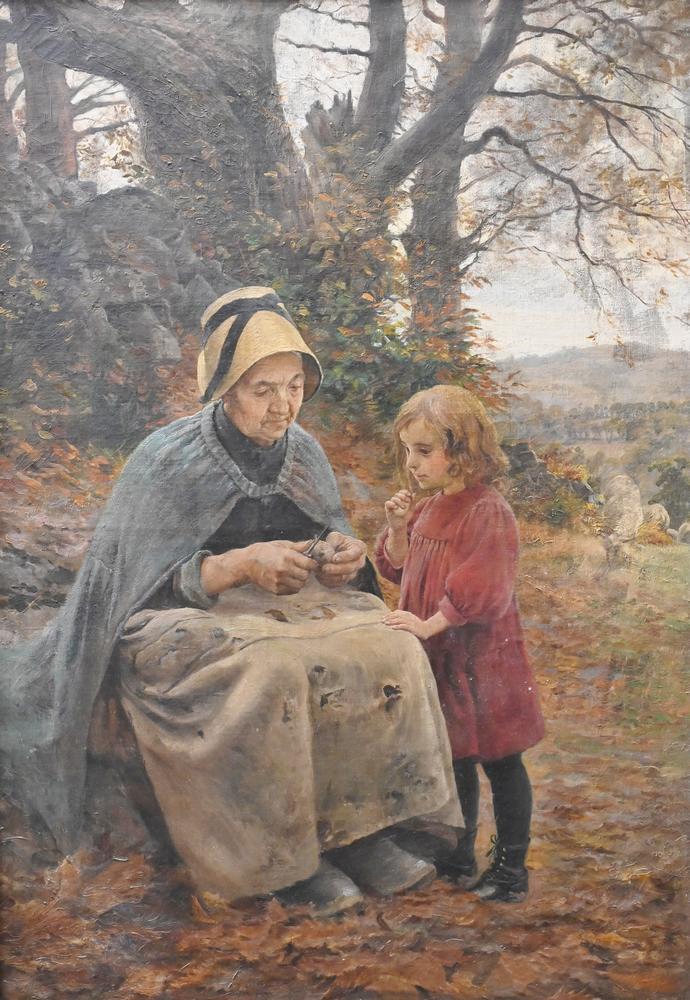 Suzanne Daynes Grassot Solin, 19th century, peeling: Suzanne Daynes Grassot Solin, 19th century, peeling fruit, depicting an old woman with a child peeling a fig, oil on canvas, signed lower left Suzanne Solin, 38" x 26 1/2".