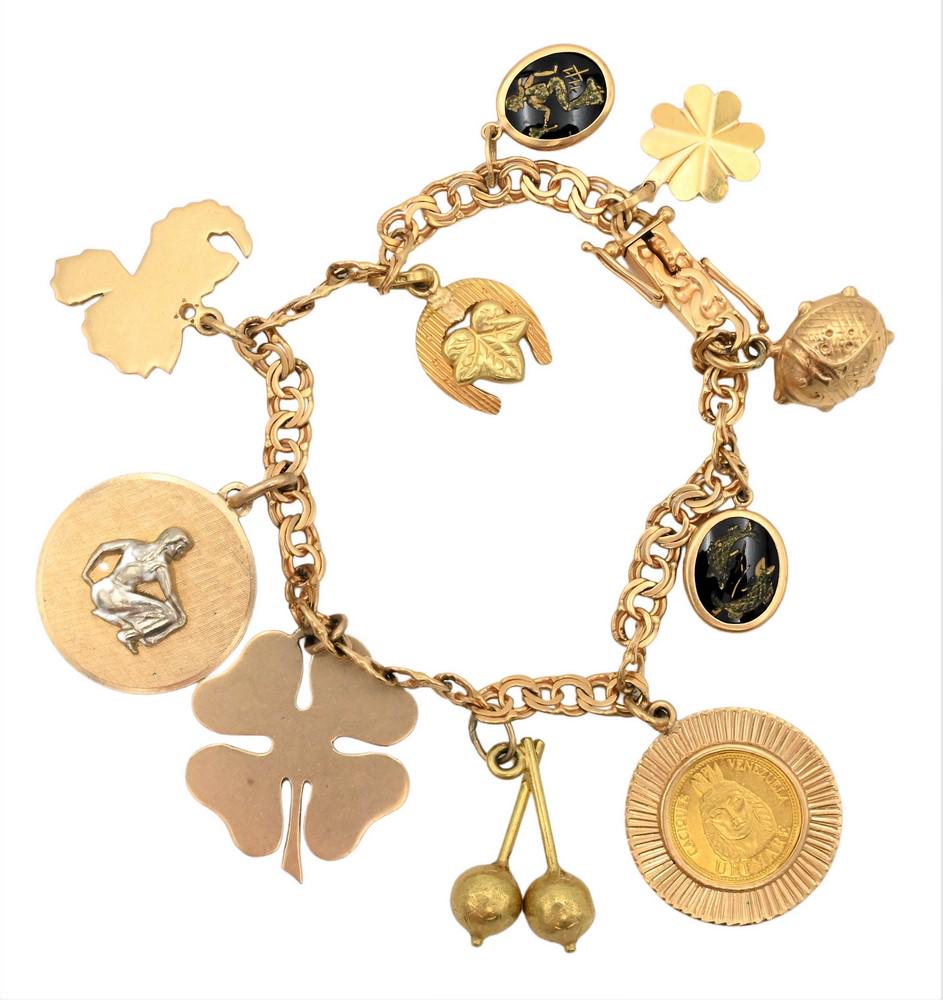 18K G.D. & Co. Bracelet with Charms, set with four 14K gold charms and Venezuelan gold coin, 31.5 (1 of 4)