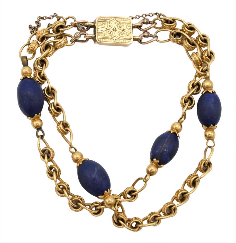 14 Karat Gold Double Link Bracelet, having lapis beads, length 6 inches, 24.3 grams total weight.: 14 Karat Gold Double Link Bracelet, having lapis beads, length 6 inches, 24.3 grams total weight.