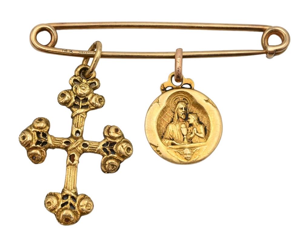 Tiffany & Company 14 Karat Gold Safety Pin, having 18k gold cross and 18k round gold medallion, 9 (1 of 3)