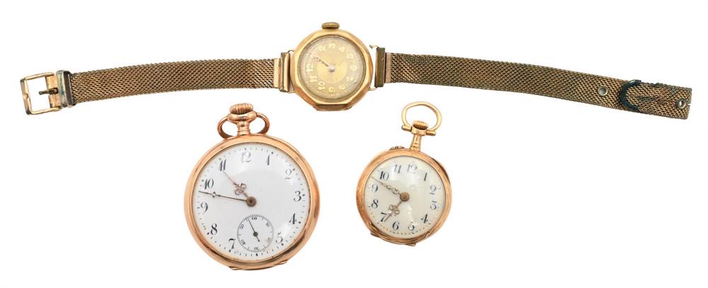 Three Gold Watches, to include a 14 karat gold lapel watch; 18 karat gold ladies wristwatch; along (1 of 5)