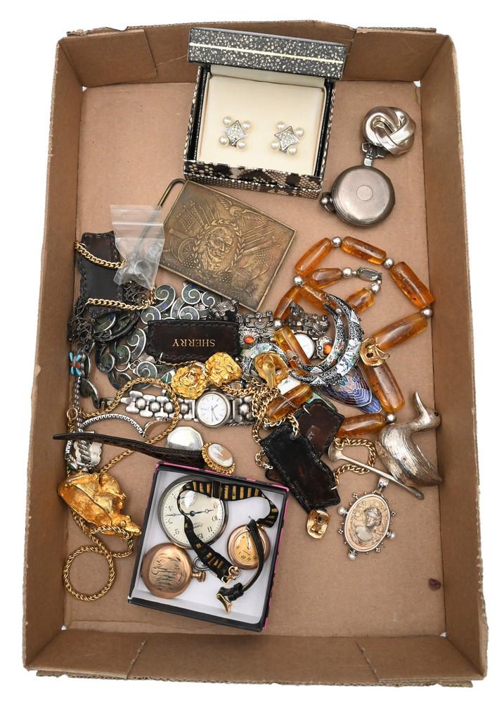 Tray Lot of Silver Jewelry, to include wristwatches, several with stone mounted bands, pocket (1 of 4)