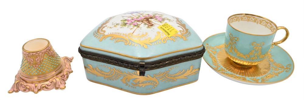 Three Piece Porcelain Group, to include KPM cup and saucer in light blue, having heavy gilt gold (1 of 5)