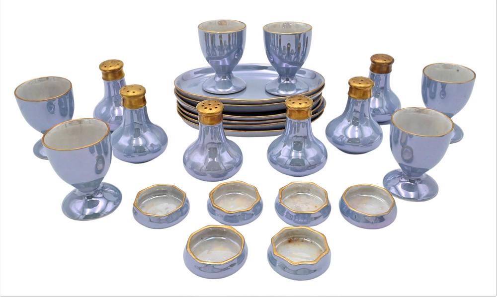 Set of Six Austrian Porcelain Place Settings, Moritz Zdekauer Manufactory, late 19th/early 20th: Set of Six Austrian Porcelain Place Settings, Moritz Zdekauer Manufactory, late 19th/early 20th century, each comprising an egg cup; open salt; pepper shaker; and an oval tray, length approximately 6