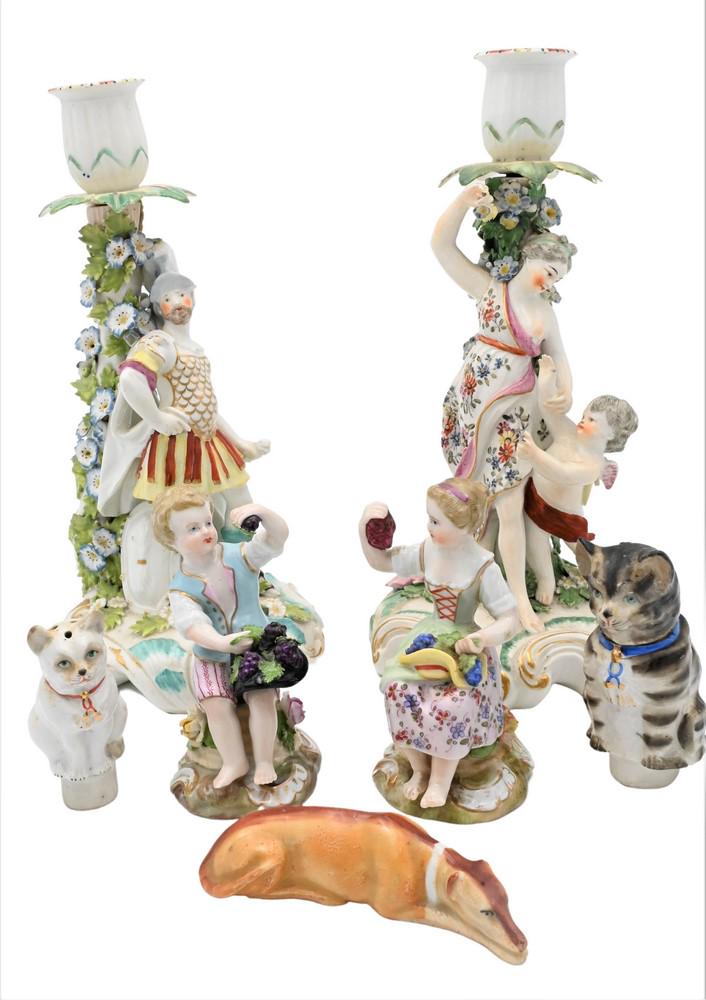 Seven Piece Porcelain Group, to include two cat shakers or bottle stops; a pair of figural (1 of 5)