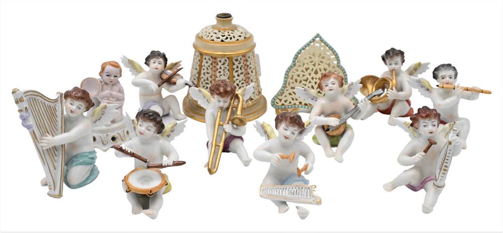 Tray Lot of Porcelain, to include putti cherub figures, seated and playing instruments, having crown (1 of 5)