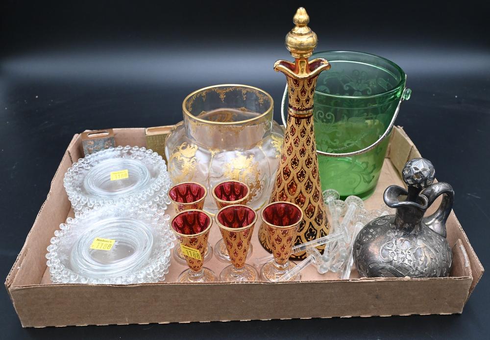 Group of Glass, to include cranberry to gold decorated Moser decanter with five cordials, ice pail, (1 of 4)
