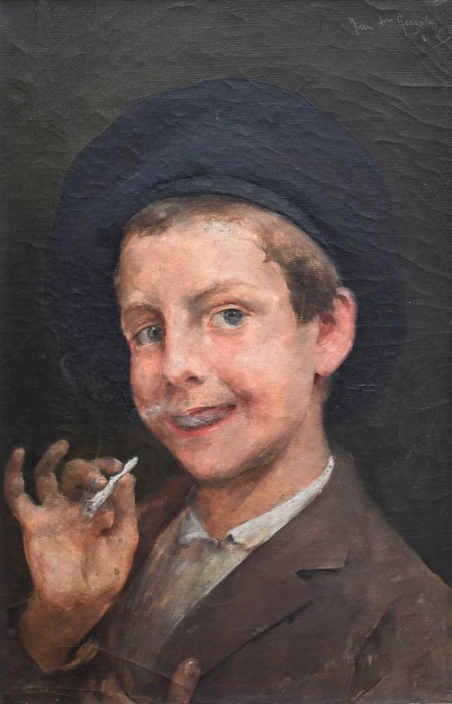 Juan Antonio Gonzalez (1842 - 1914), oil on canvas, boy smoking a cigarette, signed top right Juan (1 of 4)