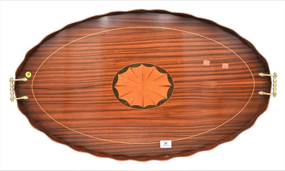 Large Mahogany Inlaid Oval Tray, having scalloped edge, 19 1/2" x 34".: Large Mahogany Inlaid Oval Tray, having scalloped edge, 19 1/2" x 34".