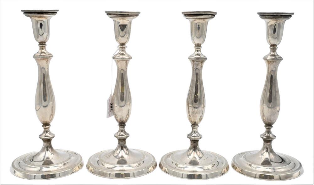 Set of Four Marie Louise Sterling Silver Weighted Candlesticks, monogrammed on base, marked "Marie (1 of 4)