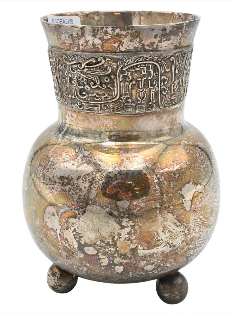 Sterling Silver Vase, having embossed dragon and figures, on ball feet, marked "Sterling Lunt (1 of 3)