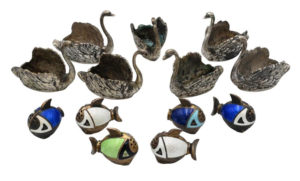 13 Piece Silver Lot, to include 7 silver swan open salts, along with 6 silver enameled fish pepper (1 of 9)