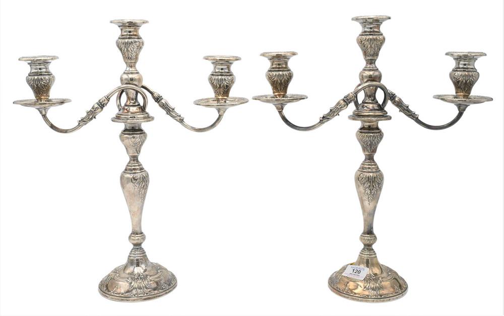 Pair of Frank Whiting Sterling Silver Three Light Candelabras, weighted, height 17 inches. (1 of 5)